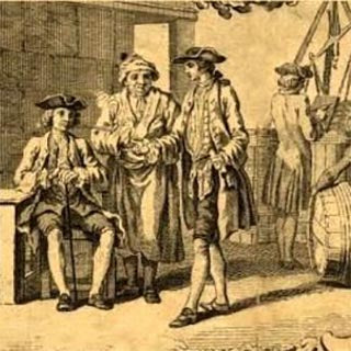 18th-century engraving of men in tricorn hats talking on a quayside beside barrels and a crane.