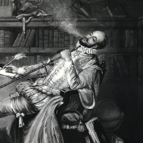 Engraving of an Elizabethan gentleman in a ruff, leaning back in his chair and smoking a long pipe beside bookshelves.