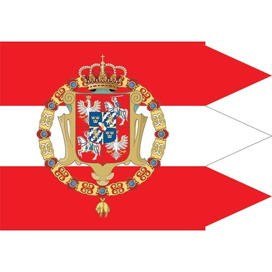 A historic Polish royal banner, red and white with swallowtails and a crowned coat of arms.