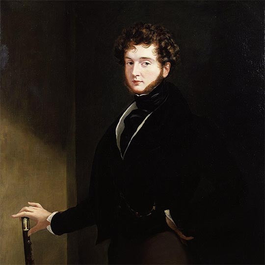 Portrait of the Count d'Orsay in a dark coat, one hand resting on a cane.