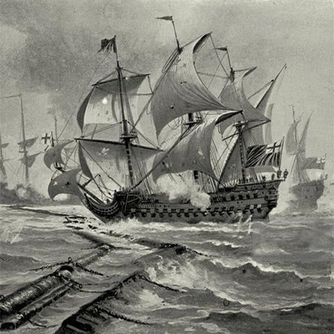 Black and white illustration of warships under full sail firing cannon in a rough sea, with a broken floating boom in front.