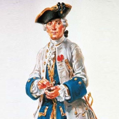 Painting of an 18th-century French gentleman in a tricorn hat and blue-cuffed coat, holding a small snuff box.