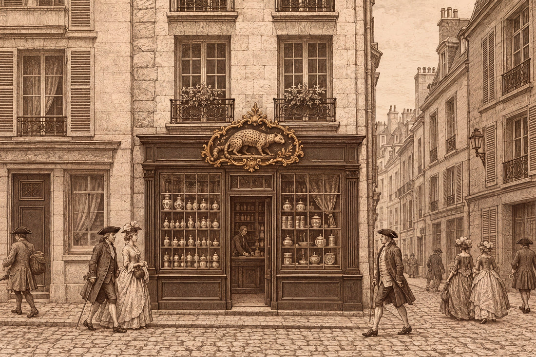 Engraving-style illustration of an 18th-century Paris tobacconist with a gilded civet sign over the door.