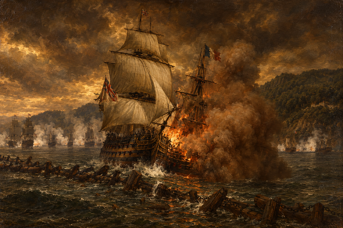 Illustration of an English warship breaking the boom at Vigo Bay as a fireship burns alongside in a cloud of snuff.