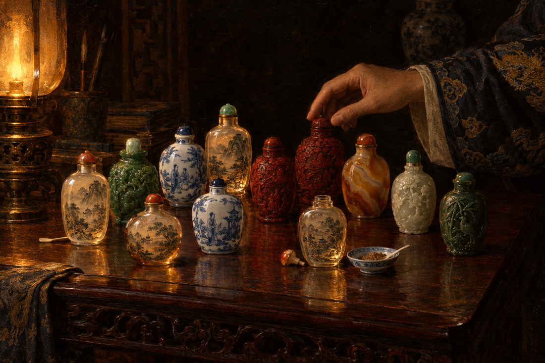 Illustration of Chinese snuff bottles in painted glass, jade, porcelain, lacquer and agate on a dark table.