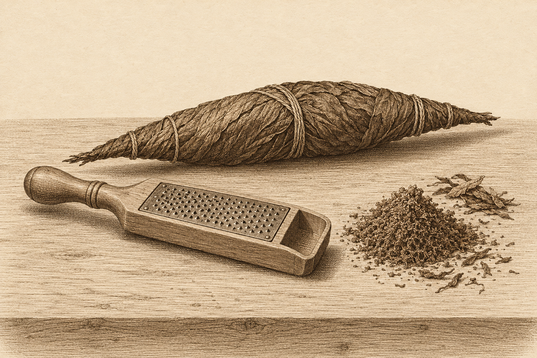 Engraving-style illustration of a twisted roll of tobacco leaf, a wooden hand rasp and a small heap of freshly grated snuff.